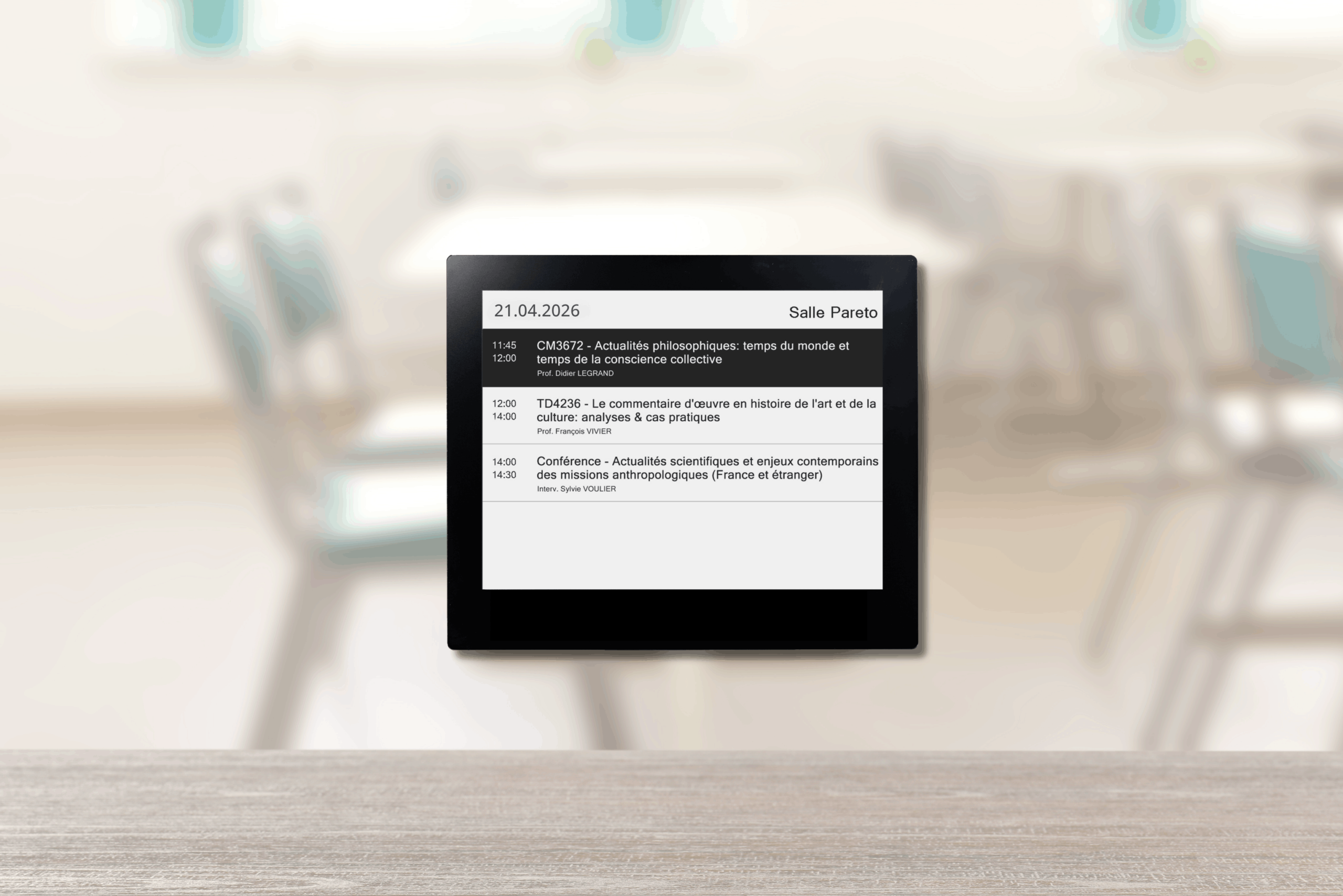 ROOMZ Education display showing a daily timetable